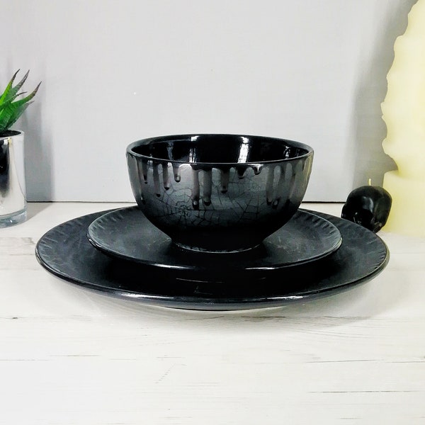 Spiderweb Dinner Set, Matte Black Web, Gothic Lunch, Alternative Plate, Goth Bowl, Hand Painted Ceramic, Unique Gift, Weird Wonderful