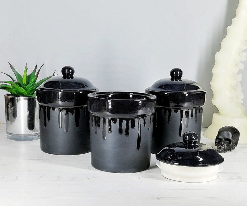 Matte Black, Storage Canisters, Plain or Skull, Tea Coffee Canister, Sugar Jars, Storage Pots, Ceramic Pot, Container, Kitchen, Gothic Goth image 9