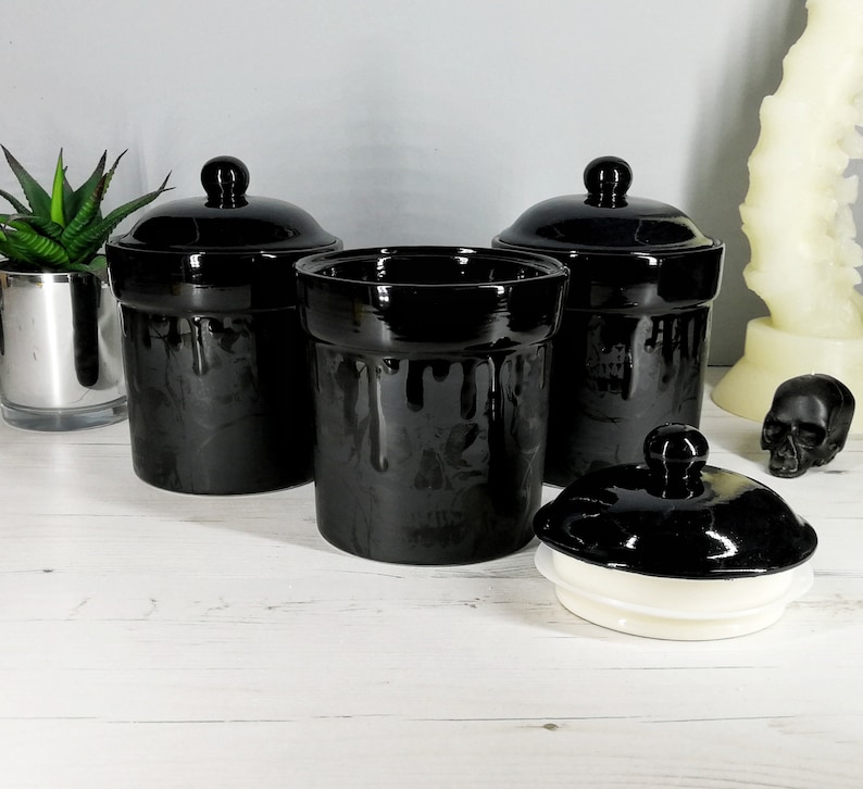 Matte Black, Storage Canisters, Plain or Skull, Tea Coffee Canister, Sugar Jars, Storage Pots, Ceramic Pot, Container, Kitchen, Gothic Goth image 6