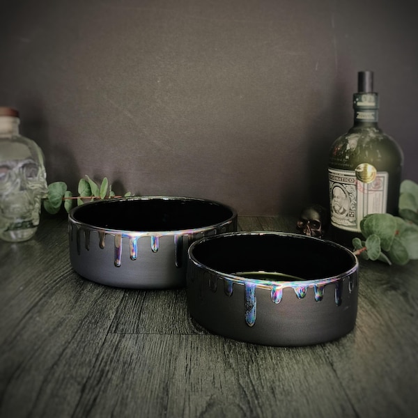 Comedero para mascotas con efecto de aceite, comederos negros, comederos iridiscentes, alimento para perros y gatos, galletas y agua para perros, cerámica arcoíris, plato lustroso, para mascotas de pelo largo.
