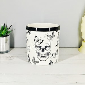 Skull Butterfly, Utensil Holder, Kitchen Pot, Gothic Homeware, Skull Storage Pot, Hand Painted Ceramic, Black and White, Weird and Wonderful