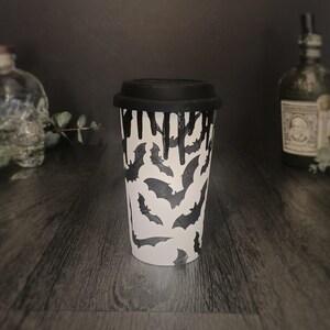 Bat Travel Mug, Tall Ceramic Cup, White Black Bats, Coffee Mugs, Work Car Home, Silicon Lid, Creepy Xmas, Gothic Tea Lovers, Halloween Emo