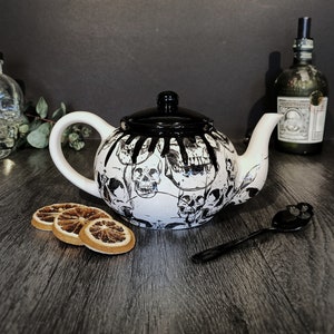 Skull Teapot, Gloss Tea Pot, Black White Gloss Kettle, Gothic Gift, Unique Kitchen Present, Weird Wonderful, Goth Item, Hand Painted Ceramic