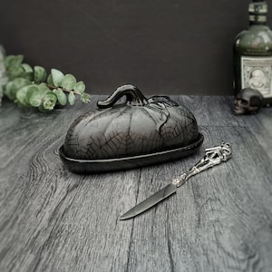 Matte Black Webbed Pumpkin Butter Dish, Gothic Halloween Decor, Goth margerine bowl, Halloween kitchen utensil