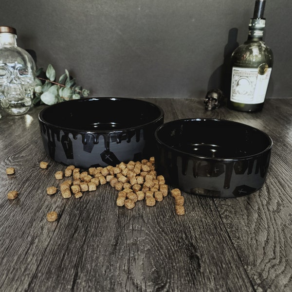 Coffin Pet Bowl, Casket Food Bowls, Matte Black Pets, Animal Feed, Dog Biscuits, Cat Water, Gothic Ceramic, Goth Decorative Ceramics, Spooky