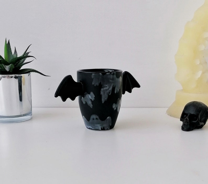 Ghost Bat Wing Mug, Matte Black Mugs, Unique Design, Hand Painted, Gothic Gift, Cute Winged Handle, Weird Goth Wonderful, Spooky, Halloween image 3