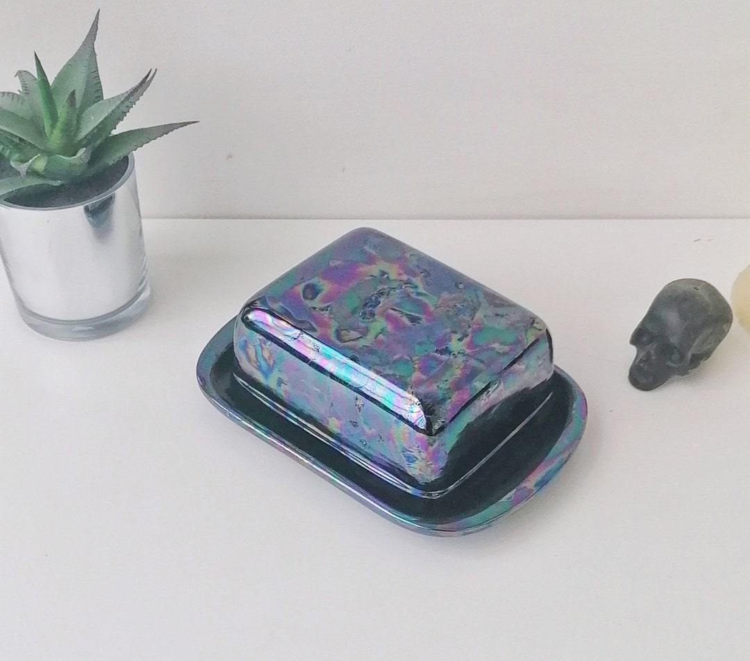 Oil Slick Butterdish, Lustre Butter Dish, Gothic Marge Bowl, Goth