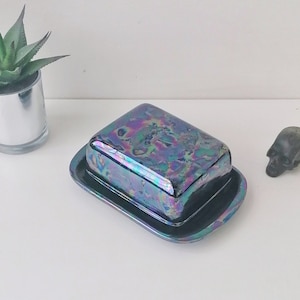 Oil Slick Butterdish, Lustre Butter Dish, Gothic Marge Bowl, Goth Margarine Cover, Weird Wonderful Ceramic, Kitchenware Petrol Cheese
