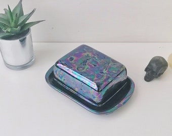 Oil Slick Butterdish, Lustre Butter Dish, Gothic Marge Bowl, Goth Margarine Cover, Weird Wonderful Ceramic, Kitchenware Petrol Cheese