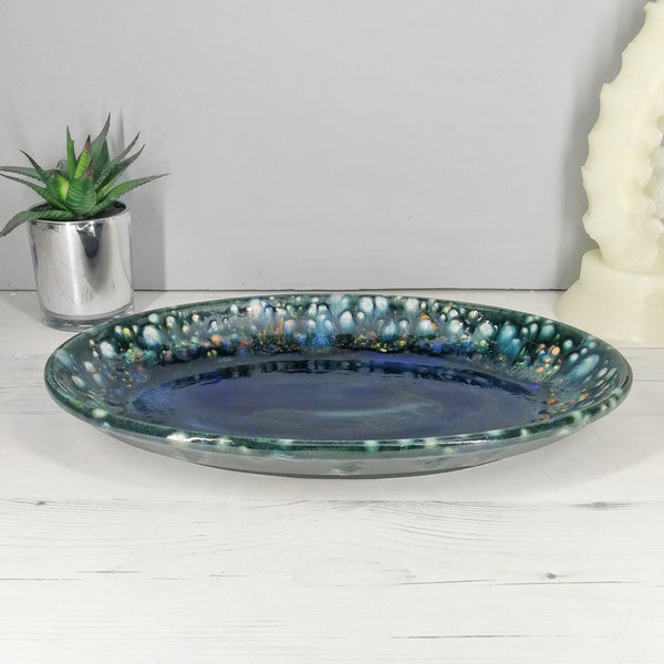 Crystal Glaze Platter, Ceramic Oval Serving Dish, Unique Plate, Gorgeous Design, Blue Green Fruit Bowl, Weird Wonderful, Homeware, Display