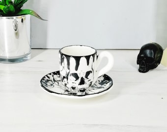 Skull Drip Espresso, Cute Cup and Saucer, Weird and Wonderful, Gothic Ceramic, Coffee Shot, Caffine Addict, Xmas Gift, Halloween Present