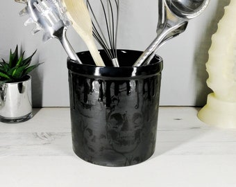 Gothic Utensil Holder, Kitchen Pot, Black Homeware, Skulls Storage Pot, Hand Painted Ceramic, Matte Black Skull, Weird and Wonderful, Home