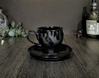 Matte Black Cup Saucer, Coffin Design, Gothic tea set, Tea Coffee Mug, Hand Painted Ceramic, Unique Xmas gift, Casket, Weird and Wonderful