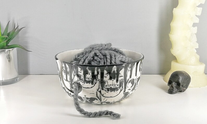 Skull Yarn Bowl, Macabre Wool Bowls, Gothic Knitting, Black White Goth, Crochet Skulls, Weird Wonderful, Alternative Sewing, Emo Punk Rock image 7