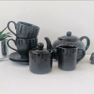 Goth Web Tea Set, Gothic Matte Black, Gloss Drip, Ceramic Teaset, Cup Saucer, Milk Jug, Teapot, Tea Coffee, Weird And Wonderful, Sugar Pot