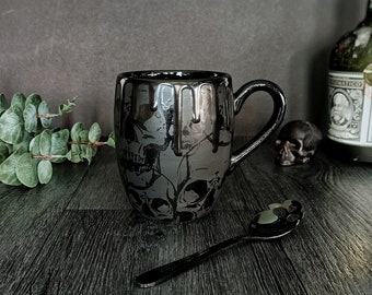 Skull Barrell Mug, Matte Black Mugs, Large Skulls Mugs, Gothic Goth Cup, Tea Coffee Lover, Unique Gift Ceramic, Macabre Death Dark, Emo Punk