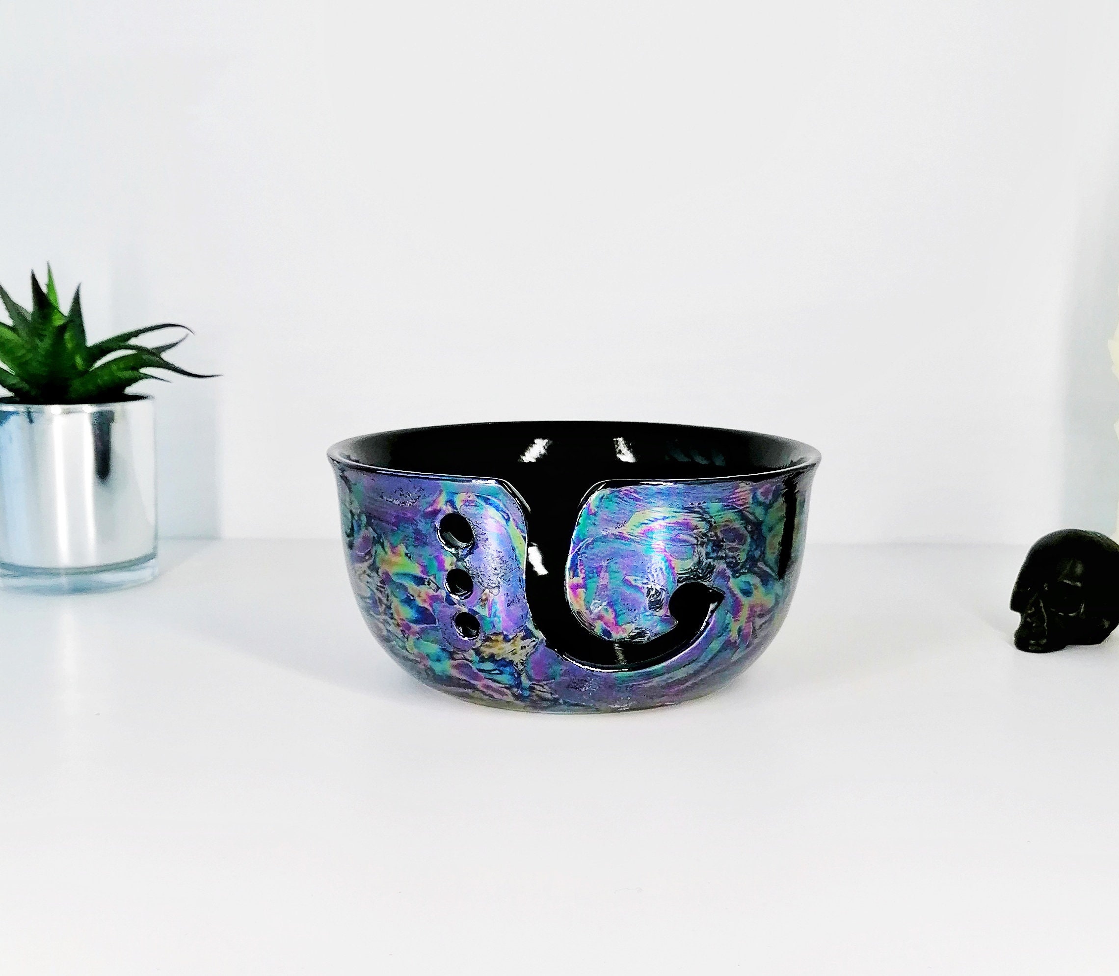 Ceramic Yarn Bowl With Garland, Turquoise Garland Crochet Bowl