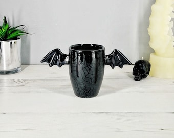 Matte Web Mug, Bat Wings Cup, Matte Black Spiderweb, Unique Design, Hand Painted, Webs, Gothic Gift, Cute Winged Handle, Weird and Wonderful