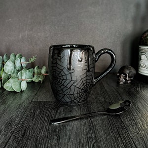 Gothic Black Mug, Matte Web Mugs, Large Barrell, Goth Spiderweb Cup, Tea Coffee Lover, Xmas Present, Unique Gift Ceramic, Macabre Death Dark