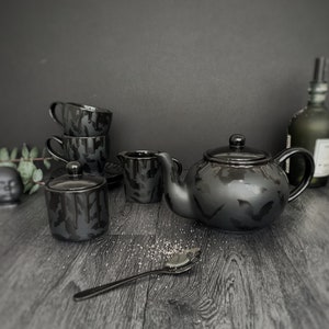 Bat Tea Set, Matte Black Bats, Goth Teaset, Gothic Halloween Ceramic, Teapot Sugar Pot, Cup Saucer Milk, Dark Jug, Weird Wonderful Present