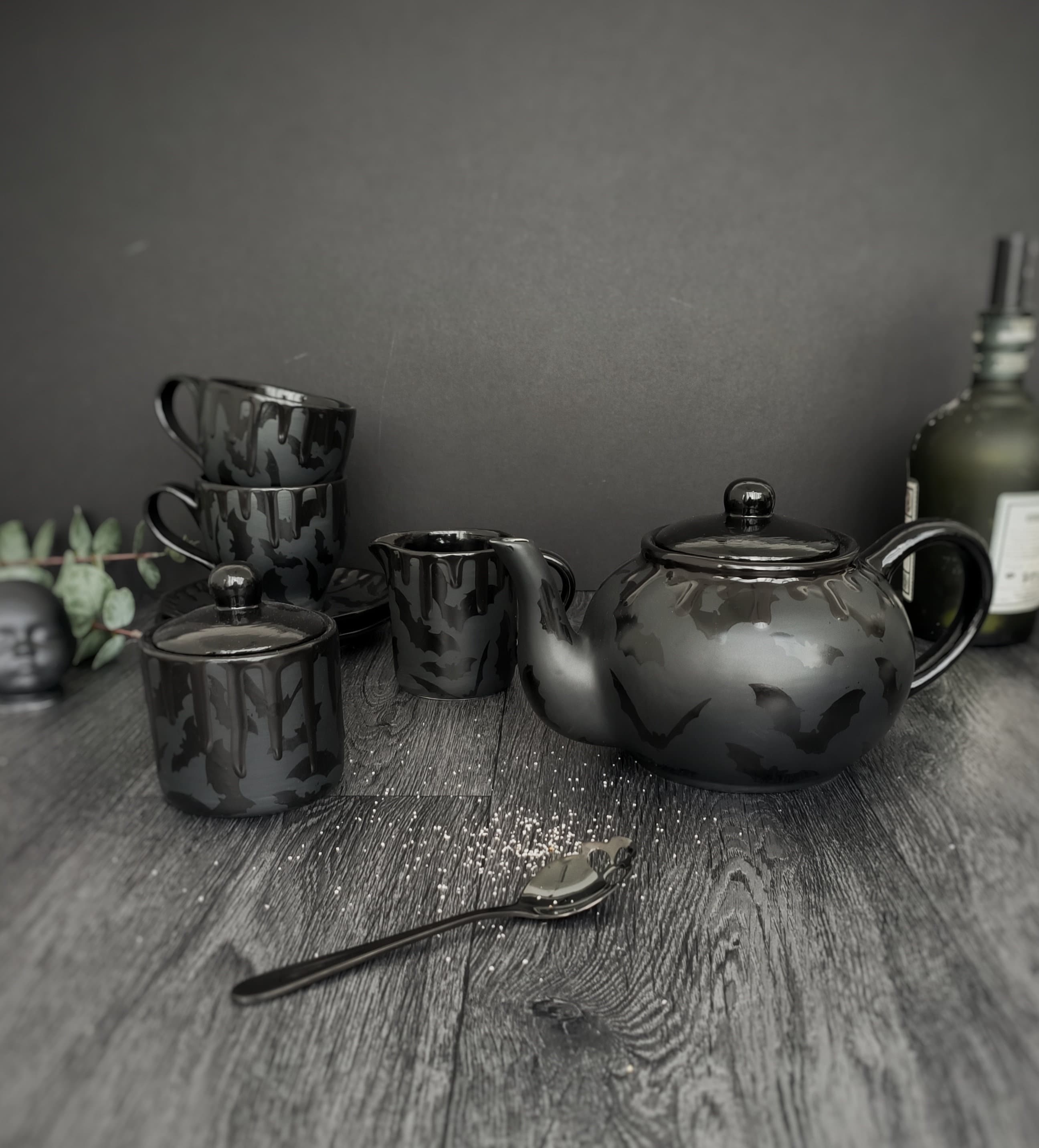 Bat Tea Set, Matte Black Bats, Goth Teaset, Gothic Halloween Ceramic, Teapot Sugar Pot, Cup Saucer Milk, Dark Jug, Weird Wonderful Present
