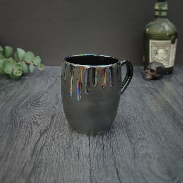 Pearlescent Barrell Mug, Mother of Pearl, Lustre Petrol Drip, Matte Black Cup, Tea Coffee Lover, Unique Ceramic, Iridescent Opalescent Mugs