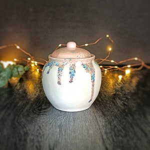Peut inclure: Un pot en céramique blanche avec un couvercle, décoré d'un motif de gouttes de fleurs bleues et roses. Le pot a un couvercle rose moucheté.