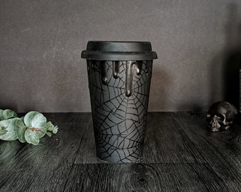 Spider Travel Mug, Tall Ceramic Cup, Spider Web Design, Coffee Mugs, Black Silicon Lid, Black Cuff Sleeve, Creepy Design, Gothic Tea Lovers