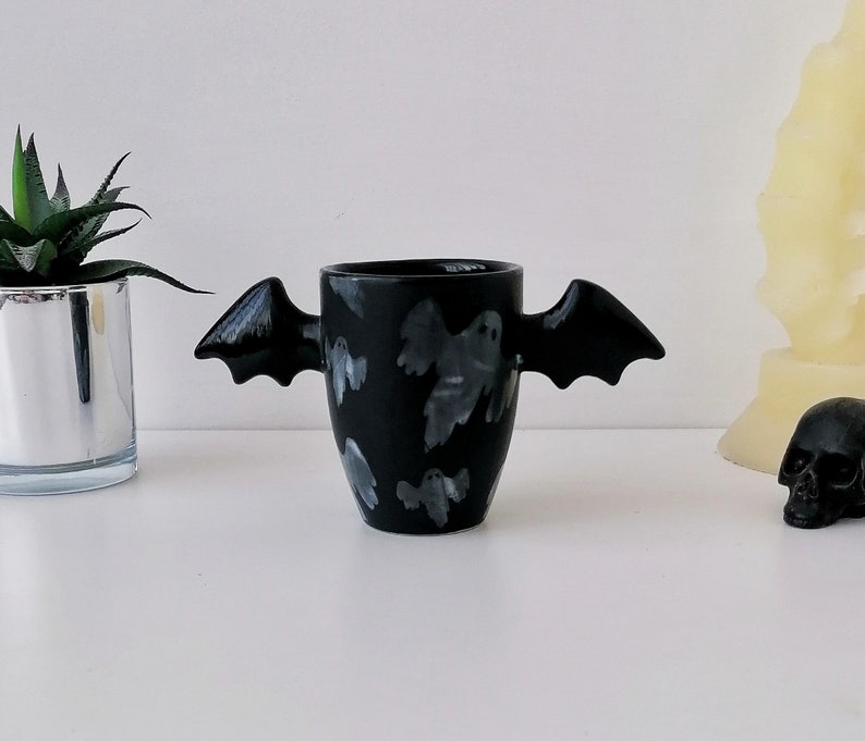 Ghost Bat Wing Mug, Matte Black Mugs, Unique Design, Hand Painted, Gothic Gift, Cute Winged Handle, Weird Goth Wonderful, Spooky, Halloween image 5