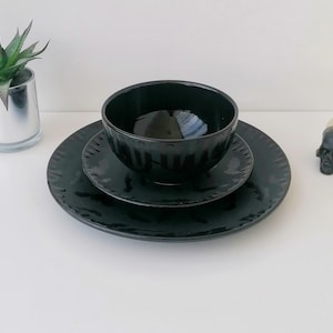 Matte Black Bats, Bat Dinner Set, Gothic Lunch, Alternative Coupe Plate, Black Bowl, Hand Painted Ceramic, Gift Present, Weird And Wonderful