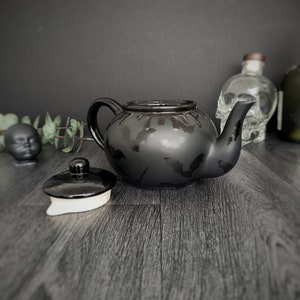 Matte Black Bat Teapot, Gloss Tea Pot, Bats Gloss Kettle, Gothic Gift, Unique Kitchen Present, Weird Wonderful Goth, Hand Painted Ceramic image 2