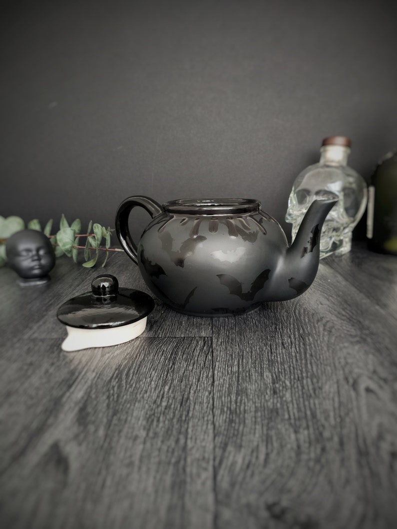 Matte Black Bat Teapot, Gloss Tea Pot, Bats Gloss Kettle, Gothic Gift, Unique Kitchen Present, Weird Wonderful Goth, Hand Painted Ceramic image 2