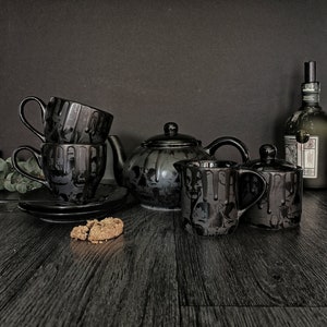 Gothic Skull Set, Goth Skulls Teaset, Matte Black Sets, Macabre Teapot, Spooky Tea Halloween, Afternoon Coffee, Unique Dark Emo, Gift Xmas