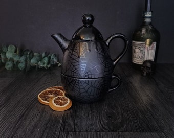 Individual Tea Pot, Matte Black Web, Unique Teapot, Black Caldron, Tea-Pot Webs, Kettle Spider Lover, Xmas Present Gift, Gothic Cauldron