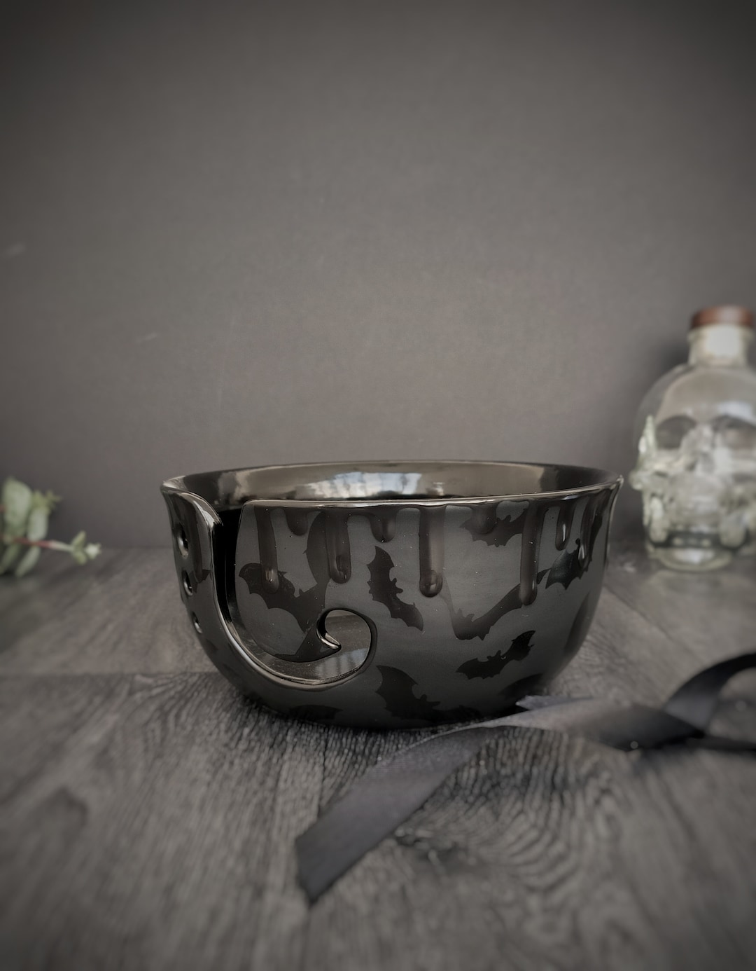 Bat Yarn Bowl, Macabre Wool, Gothic Knitting, Black Creative Goth