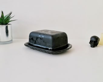 Skull Butter Dish, goth dome plate, Matte Black, Gothic Gift, Creepy dishes, Halloween homeware, Hand painted ceramic, Unique Kitchen Design