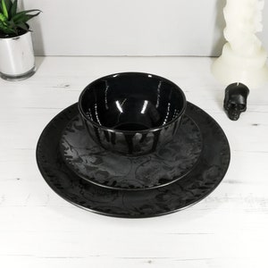 Matte Black, Skull Dinner Set, Gothic Lunch, Alternative Coupe Plate, Black Bowl, Hand Painted Ceramic, Gift Present, Weird And Wonderful