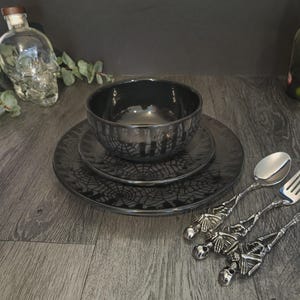 Spiderweb Dinner Set, Matte Black Web, Gothic Lunch, Alternative Plate, Goth Bowl, Hand Painted Ceramic, Unique Gift, Weird Wonderful