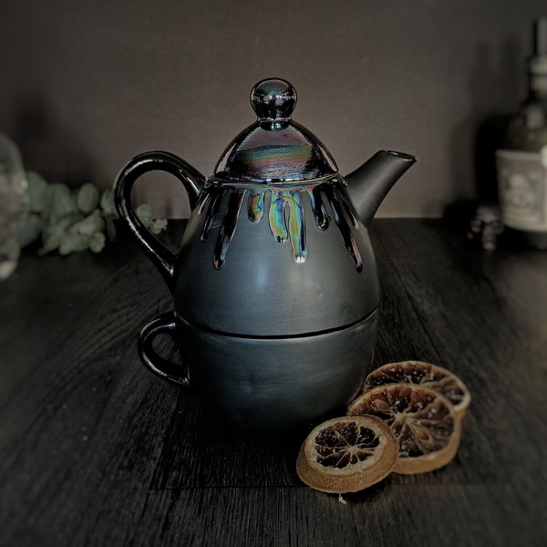 Pearlescent Tea For One, Oil Slick Teapot, Individual Tea Pot, Unique Kettle, Ceramic Lustre Petrol, valentines present gift, Iridescent