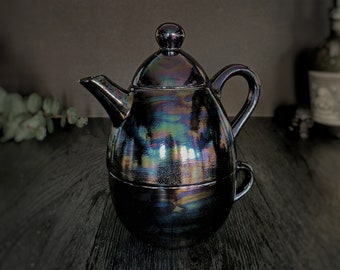 Iridescent teapot, Individual tea pot, unique tea kettle, oil slick, tea-pot lustre petrol, tea lover, xmas present gift, valentines leaf