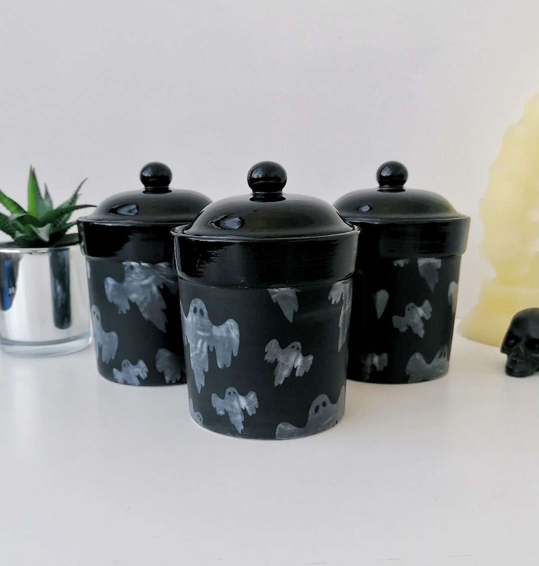 Ghosts Canister Set, Halloween Matte Black, Spooky Storage Canisters