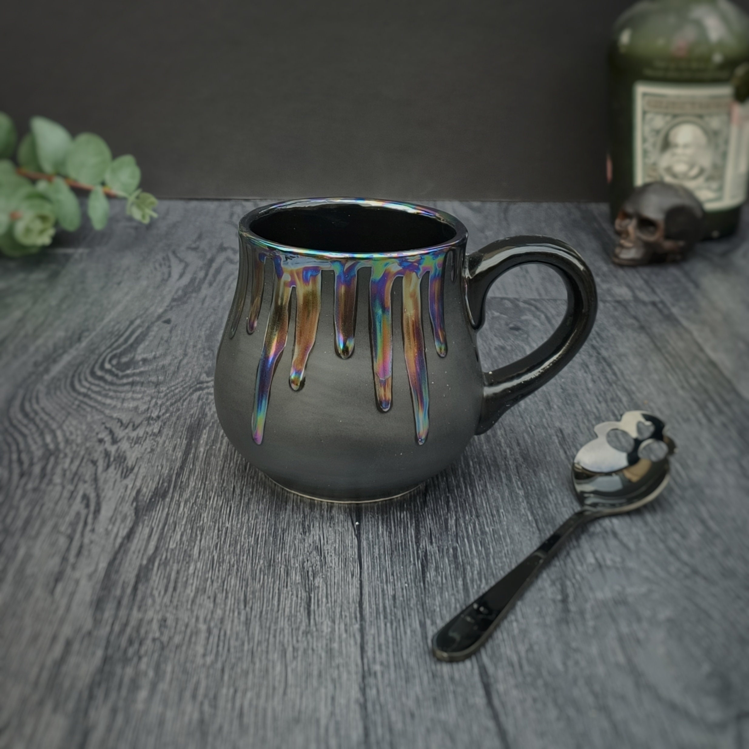 Pearlescent Bulgy Mug, Mother of Pearl, Lustre Petrol Drip, Oil Slick Cup, Tea Coffee Lover, Unique Ceramic, Iridescent Opalescent Mugs