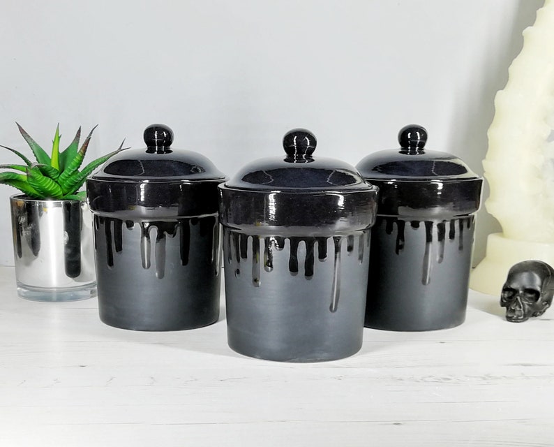 Matte Black, Storage Canisters, Plain or Skull, Tea Coffee Canister, Sugar Jars, Storage Pots, Ceramic Pot, Container, Kitchen, Gothic Goth image 2