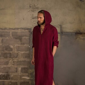 Men's red hooded linen caftan, Linen tunic, Linen hooded kaftan, Linen robe, Linen homewear, Linen Beach wear, linen hoody