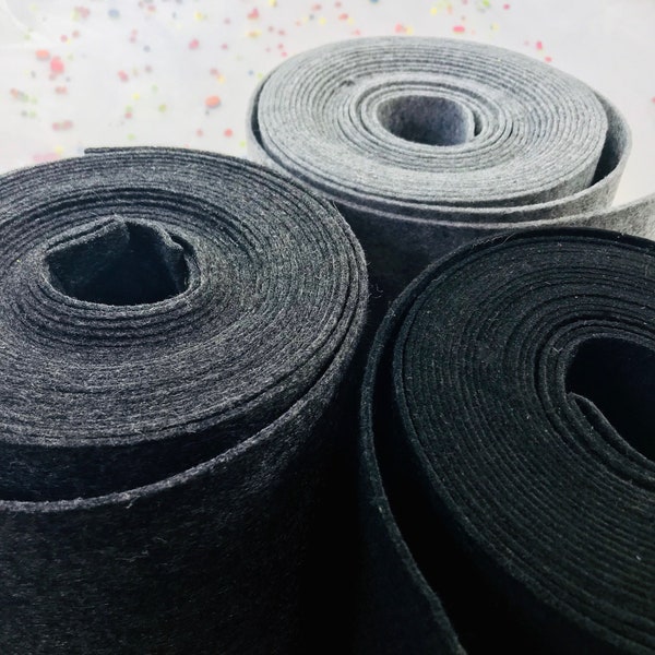 3mm Thick Felt by the Yard - Neutral Colors - Light Grey, Dark Grey Heathered, Black Solid - 1/8" Thick Mid Weight Polyester -Fast Shipping