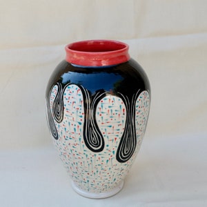 Large Porcelain Vase, hand painted vase, coral design,  red, black, white, Christmas gift, home decor, flower vase