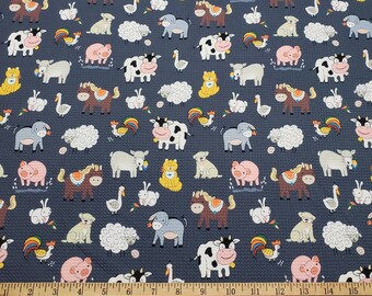 May include: A gray fabric with a repeating pattern of farm animals, including cows, pigs, chickens, horses, sheep, and ducks. The animals are all white with black outlines and are set against a gray background.