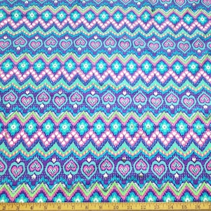 Bright Colors Zig-Zag, Hearts and Daisies with Silver Lurex Accents Nylon Spandex Fabric by the Yard