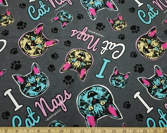Cat Faces and Paws Cotton Jersey "I Cat Naps" Print Cotton Knit Fabric by the Yard