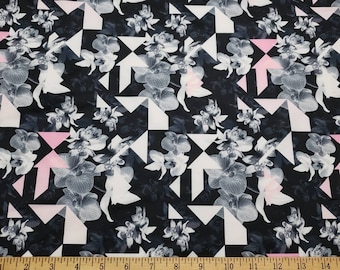 Gray Orchids and Triangles Abstract Print Swimsuit Spandex Fabric by the Yard
